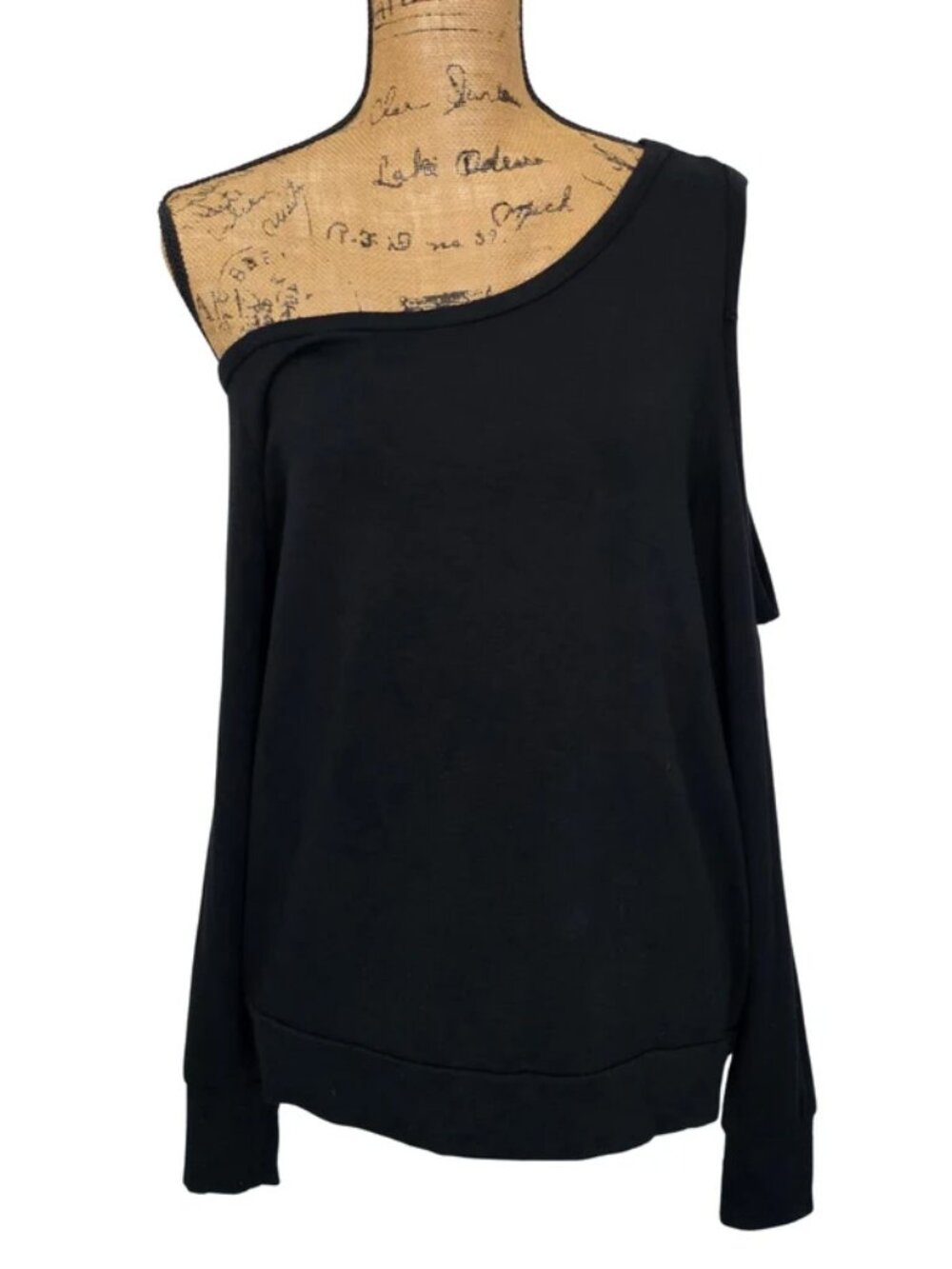 Elan Black Long Sleeve One Open Shoulder Shirt w. Rhinestone Heart Medium *Flaw